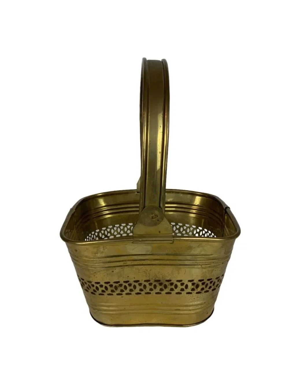 Solid Brass Square Pierced Ribbed Basket From India Decorative Container